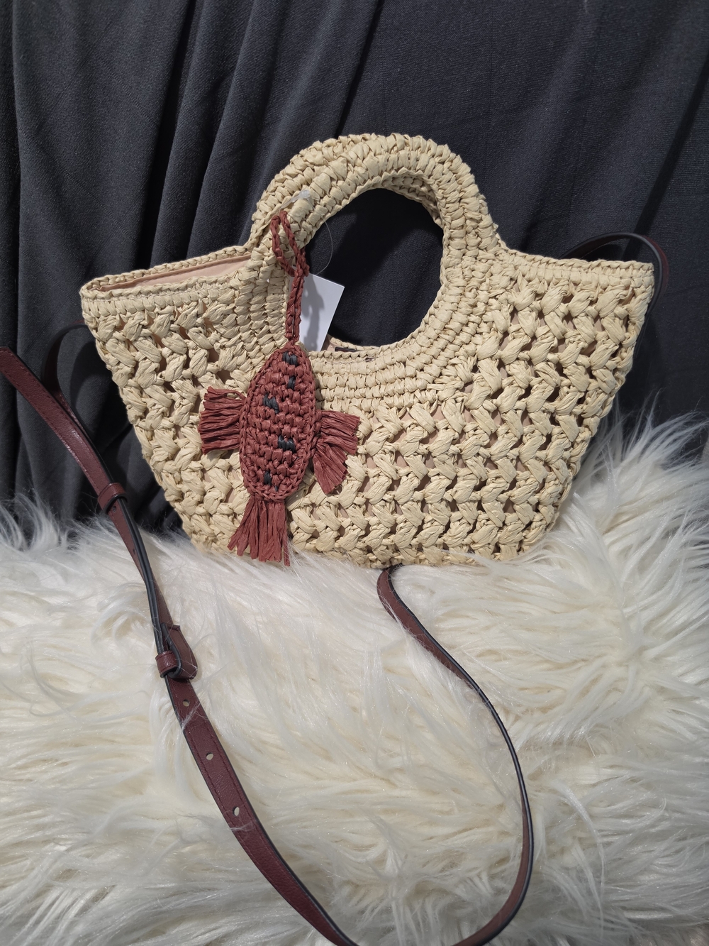 H&M Beige Woven Crossbody Bag with Rust Fish Charm